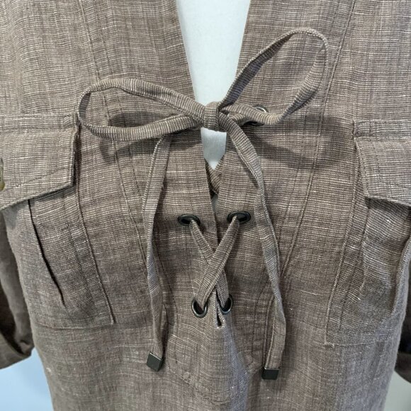 Tommy Bahama Brown Linen Dress w/ tie front, spread collar, roll sleeve size XXS - Picture 6 of 7